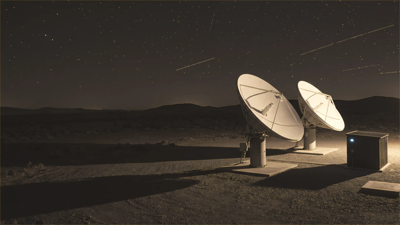 Reference render of the Xalant campus gateway pad: parabolic antennas on a cleared pad beside the edge centre.
