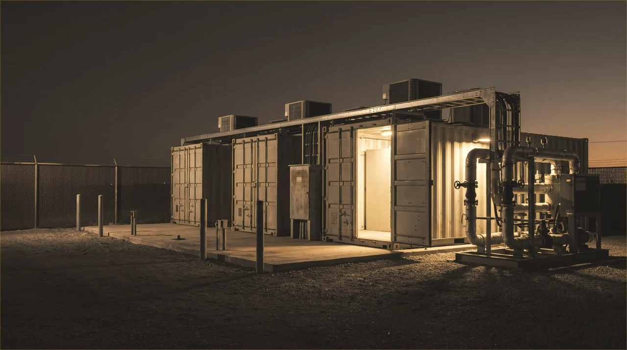 Reference render of an Edge in a Box container on the Xalant campus, seen from the access road.